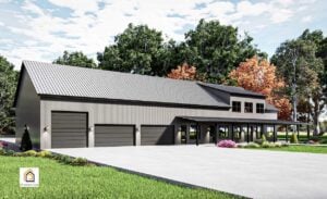 Table Rock barndominium driveway view with large garage shop doors and covered porch