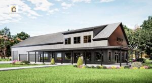 4-BR Table Rock barndominium modern metal exterior with large shop garage and covered wraparound porch