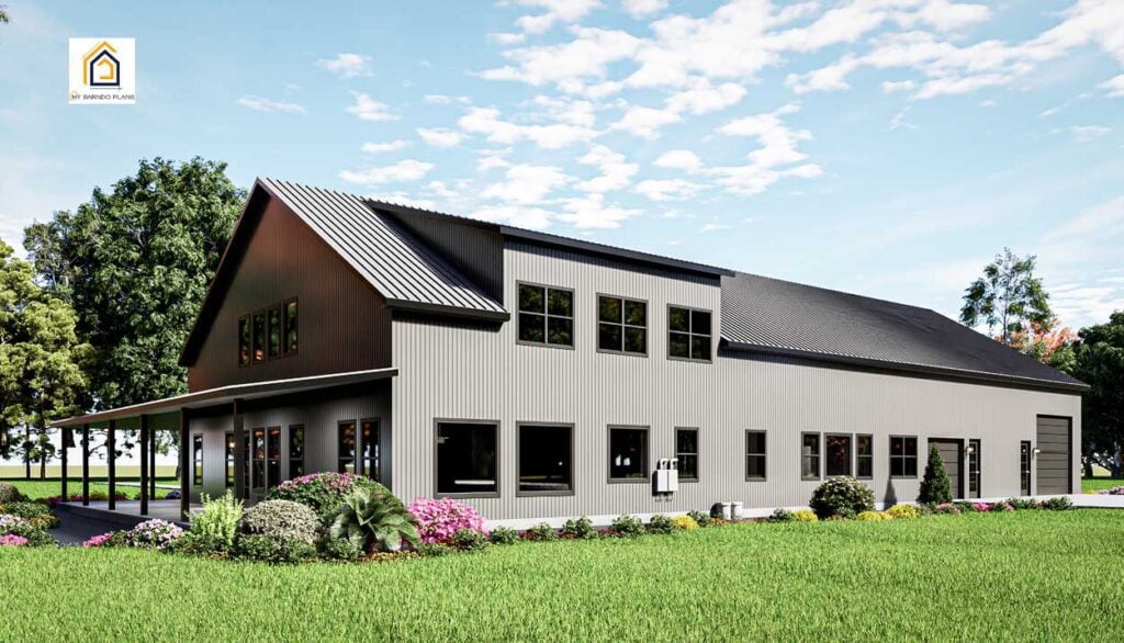 4 BR barndominium plan rear exterior showing two story living space and wraparound porch back entrance to large shop