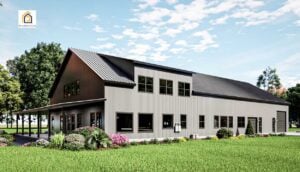 4 BR barndominium plan rear exterior showing two story living space and wraparound porch back entrance to large shop