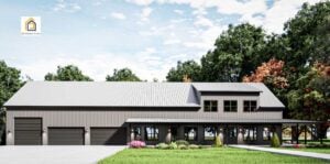 4 BR barndominium plan front elevation with large shop garage doors and covered porch - Table Rock Barndo
