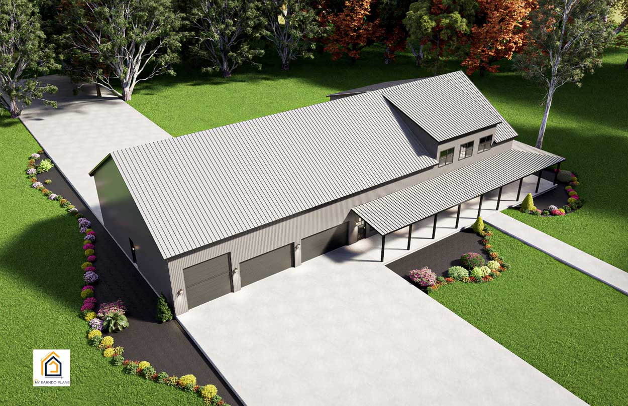 4 BR Table Rock barndominium plan exterior with large garage shop, wraparound porch, and metal roof
