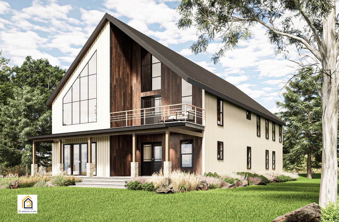 5 bedroom barndominium Lake House with light siding, wood accents and upper balcony