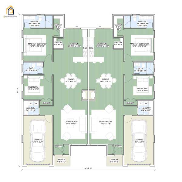 Duplex Layout shows 2br, 2ba, and one car garage per unit. Floor plan is for sale
